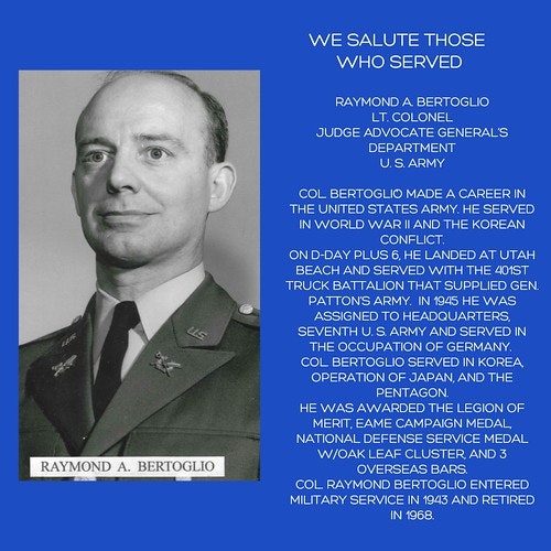 Black and white portrait of a man, with a tribute text for his military service, including WWII and Korean conflict achievements.