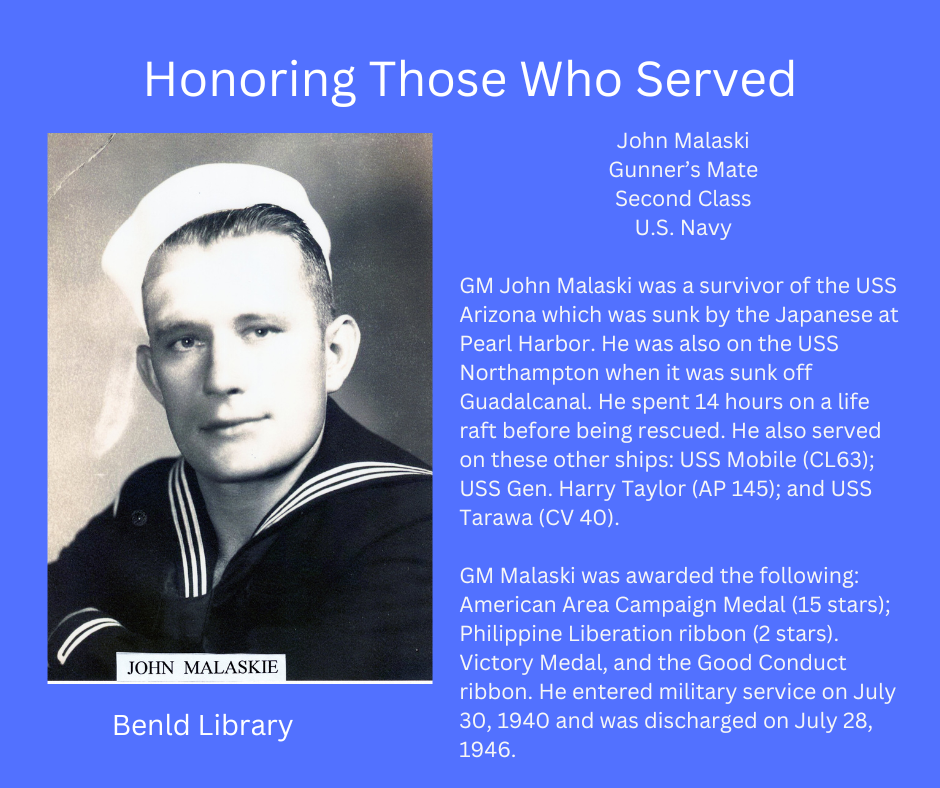 Tribute to John Malaski, U.S. Navy Gunner's Mate, USS Arizona survivor, honored for his service with medals, served in WWII.