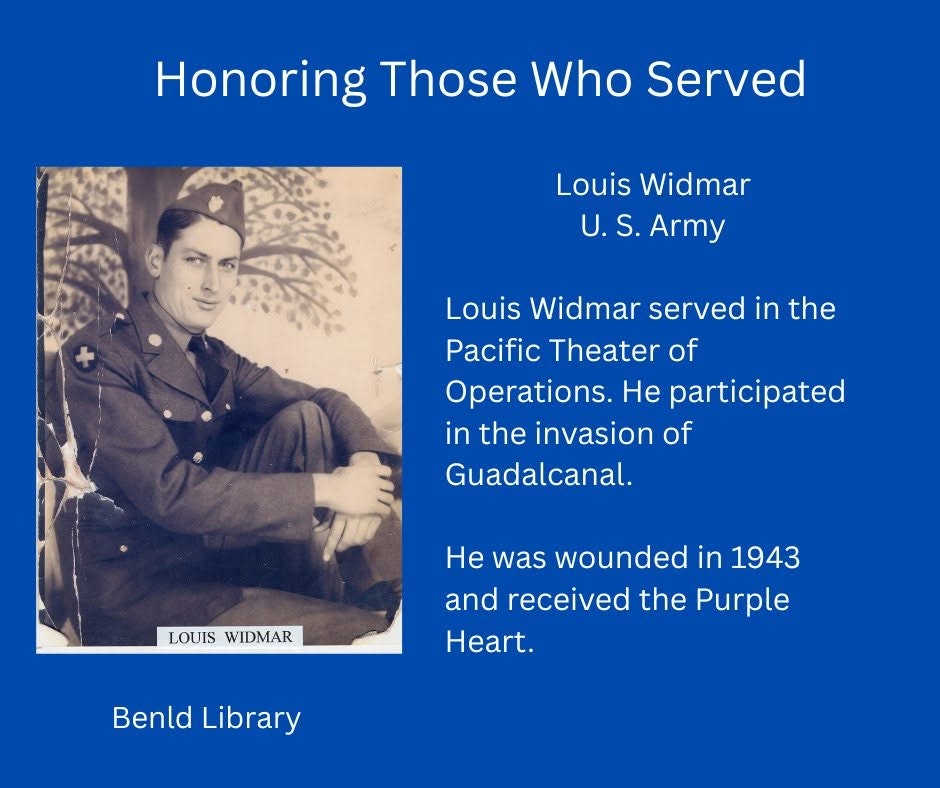 The image honors Louis Widmar, a U.S. Army soldier who served in WWII and received the Purple Heart for wounds in 1943.