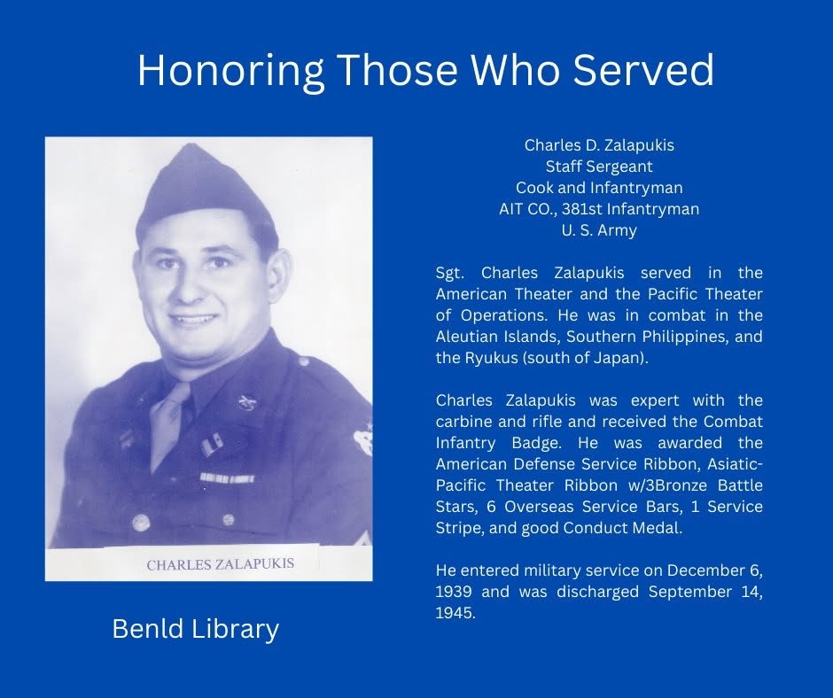 The image honors Charles D. Zalapukis, a U.S. Army sergeant recognized for his service in WWII with multiple awards.