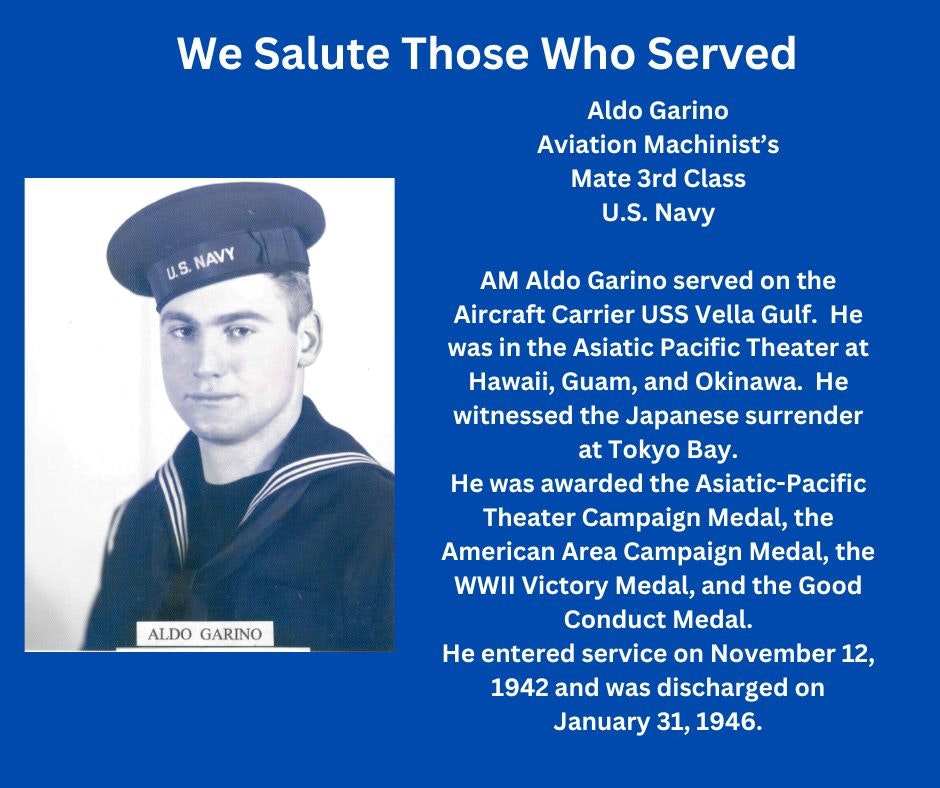 Tribute to a US Navy serviceman, Aldo Garino, with his photo, military details, service record, and medals awarded.