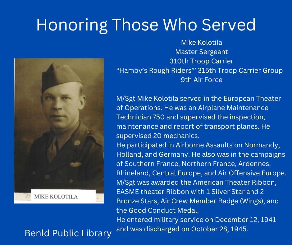 Tribute poster for M/Sgt Mike Kolotila, a WWII veteran who served in Europe and earned multiple decorations. #WWII #VeteranRecognition