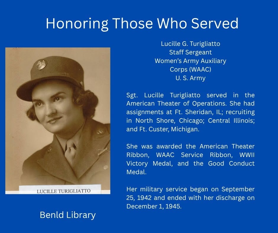 The image honors Sgt. Lucille G. Turigliatto, a WWII veteran of the Women's Army Auxiliary Corps. She served from 1942 to 1945.