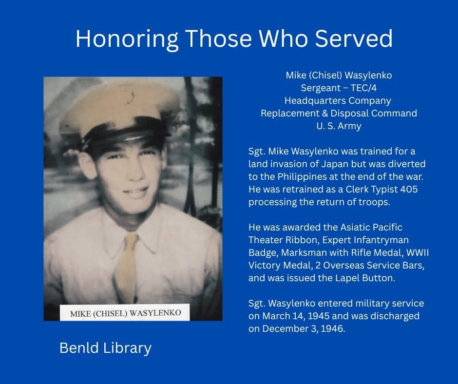 The image honors Sgt. Mike Wasyleko, who served in the U.S. Army during WWII, receiving multiple medals and honors for his service.