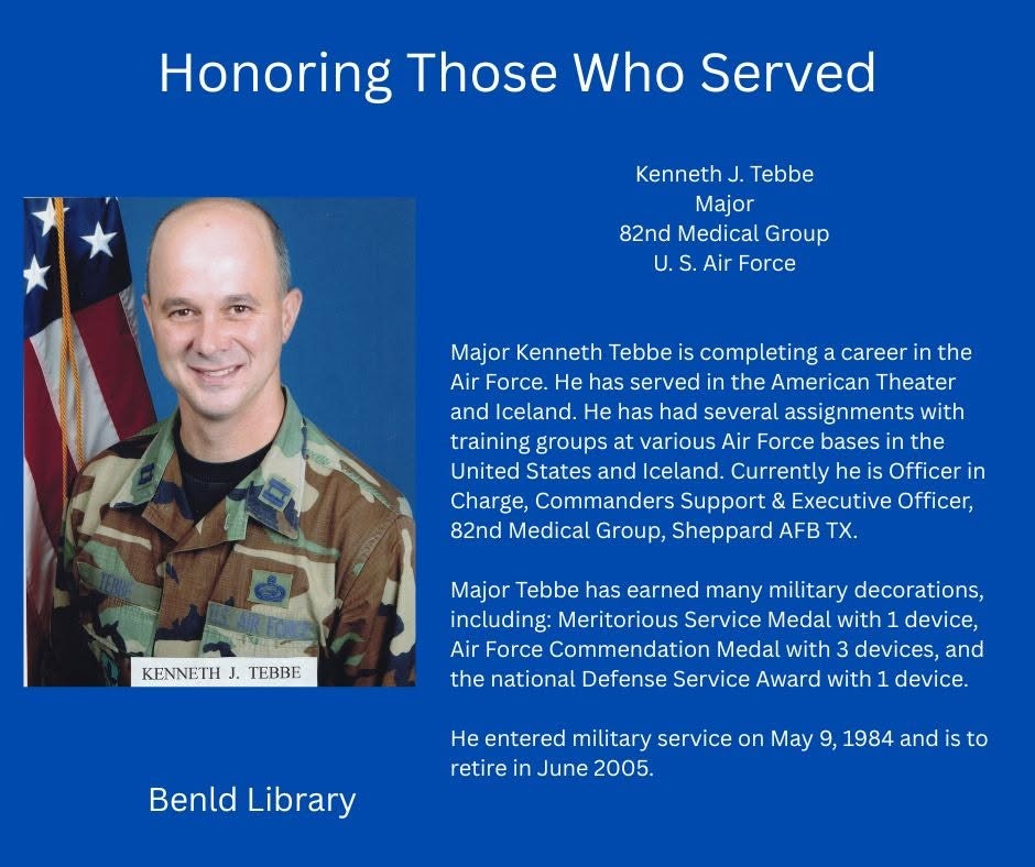 The image honors Major Kenneth J. Tebbe of the U.S. Air Force, highlighting his career, service history, and military awards.