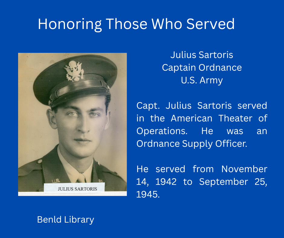 Image of a WWII U.S. Army captain, Julius Sartoris. He served in the American Theater from Nov 1942 to Sep 1945 as an ordnance officer.