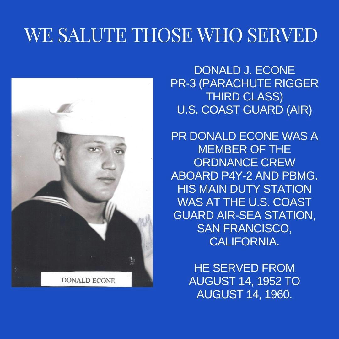 A tribute to a U.S. Coast Guard veteran, including a photo and service details.