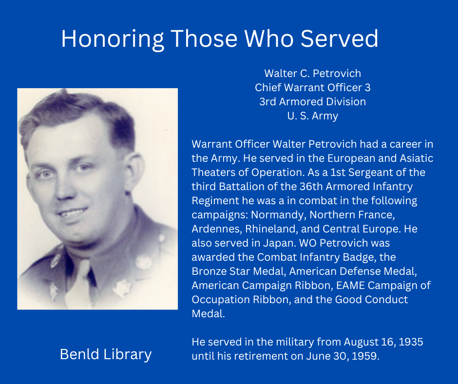 A tribute to Walter C. Petrovich, a U.S. Army Chief Warrant Officer 3, highlighting his military service and awards.