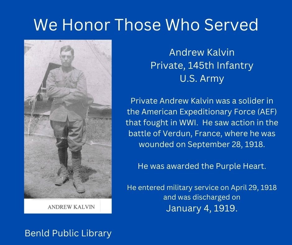 Tribute to WWI soldier Andrew Kalvin, Private, 145th Infantry, with his service details and photo.