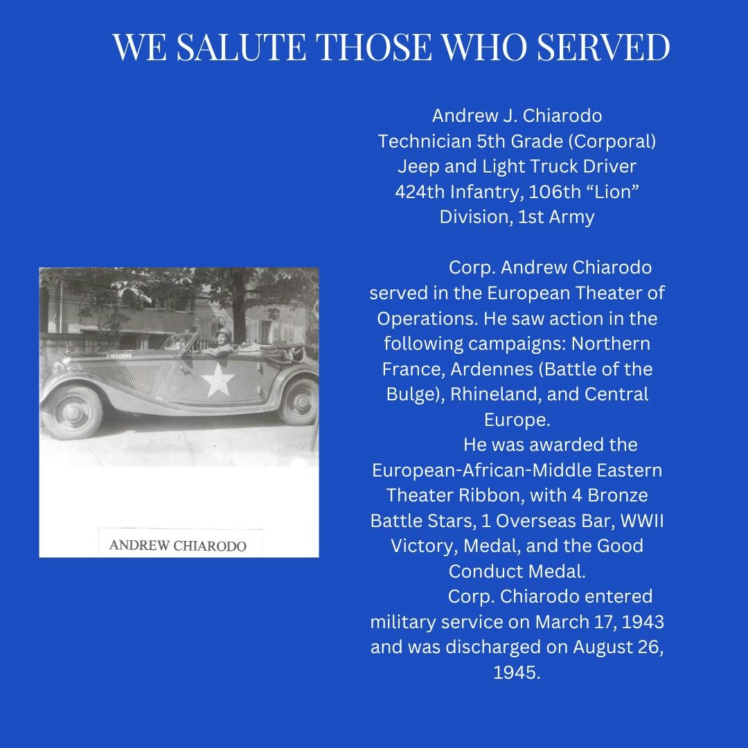 Tribute to Andrew J. Chiarodo, WWII veteran, with his military service details and a photo of a vintage Jeep.