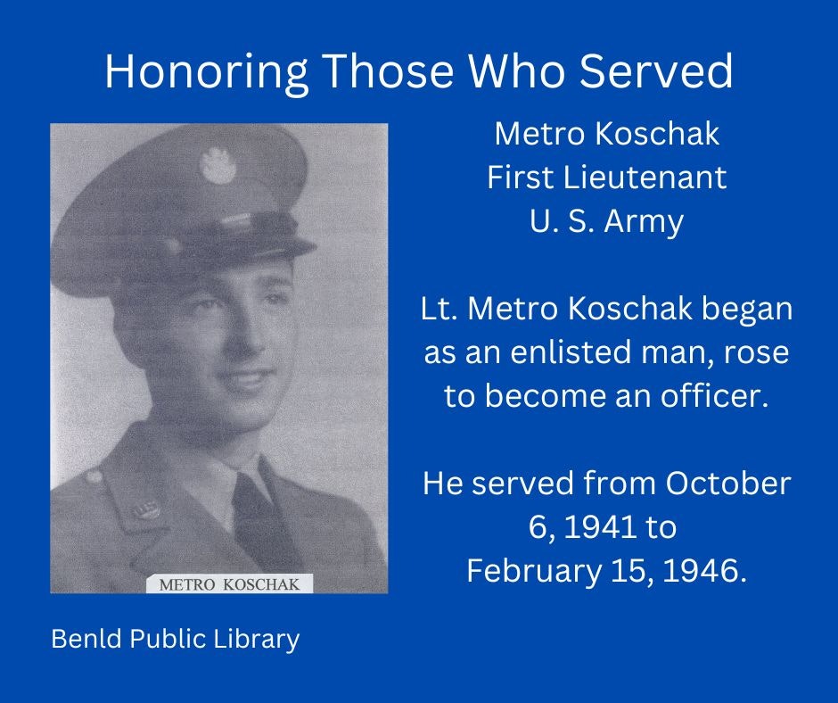 Tribute to a military serviceman, Metro Koschak, a First Lieutenant in the U.S. Army, with service dates and a photo.