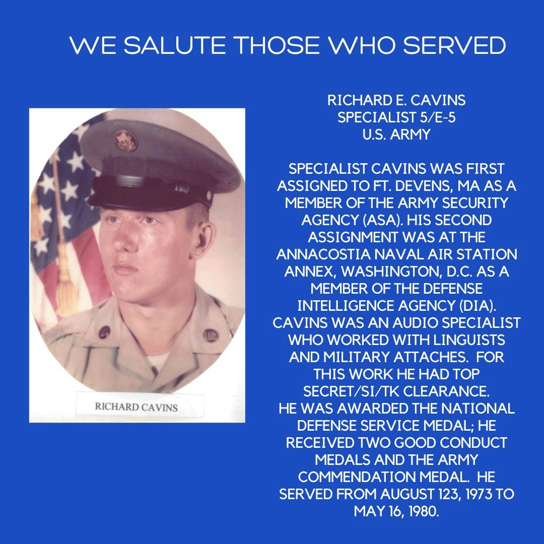 Tribute to U.S. Army Specialist Richard E. Cavins with service details, photo, and decorations for his military service.