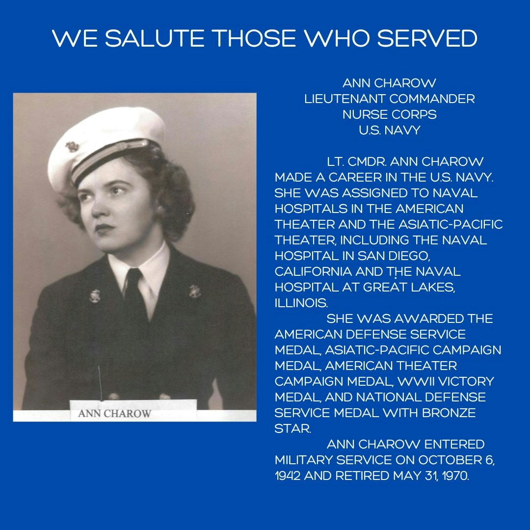 Tribute poster to a female Lieutenant Commander in the Nurse Corps, U.S. Navy, acknowledging her service and awards.