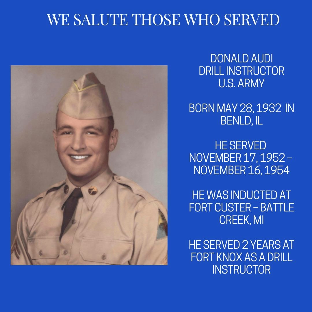 Tribute to a U.S. Army drill instructor, Donald Audi, with service dates and locations.