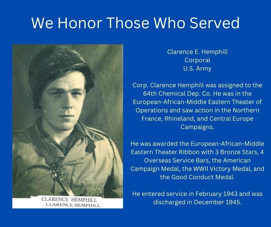 Memorial tribute to Corporal Clarence E. Hemphill, U.S. Army, honoring his WWII service and awards.