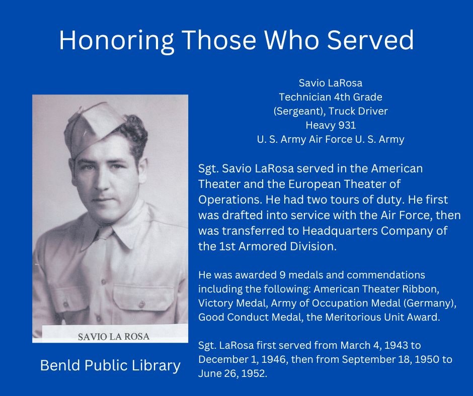Tribute to Sgt. Savio LaRosa, showcasing his military service, awards, and duty periods, by Benld Public Library.