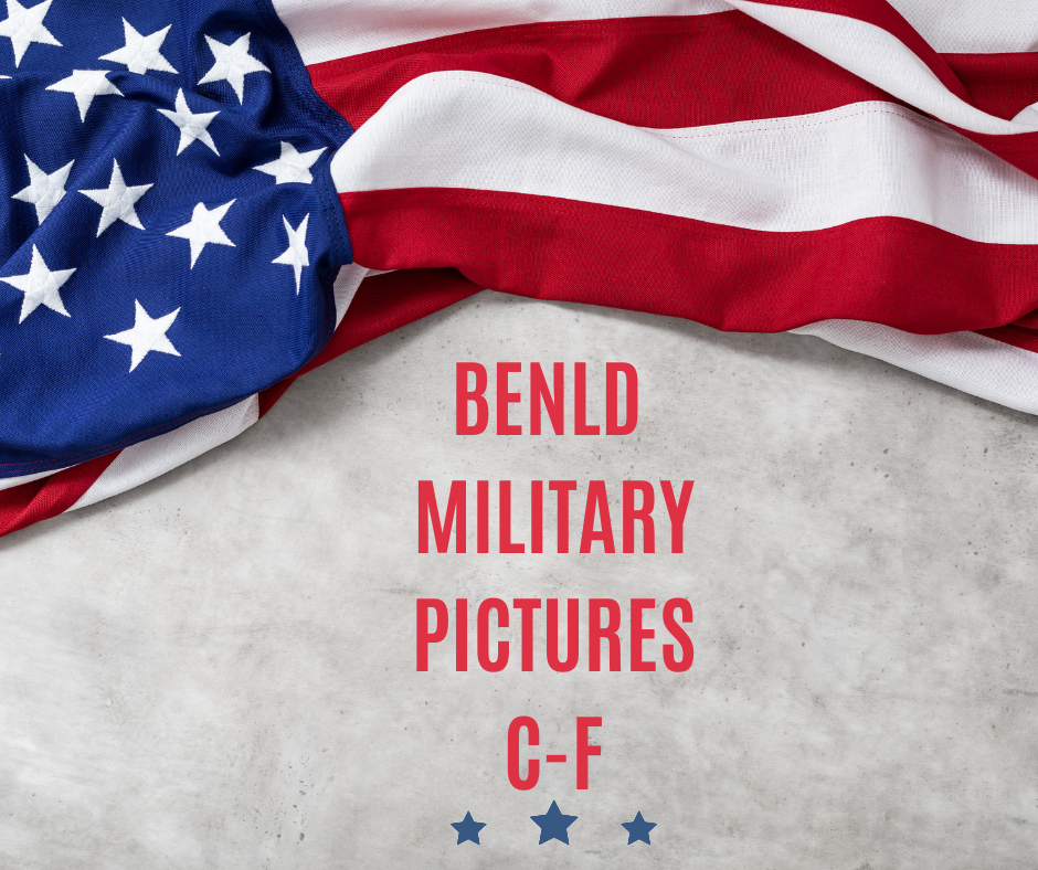 An American flag draped over text "BENLD MILITARY PICTURES C-F" on a concrete background.