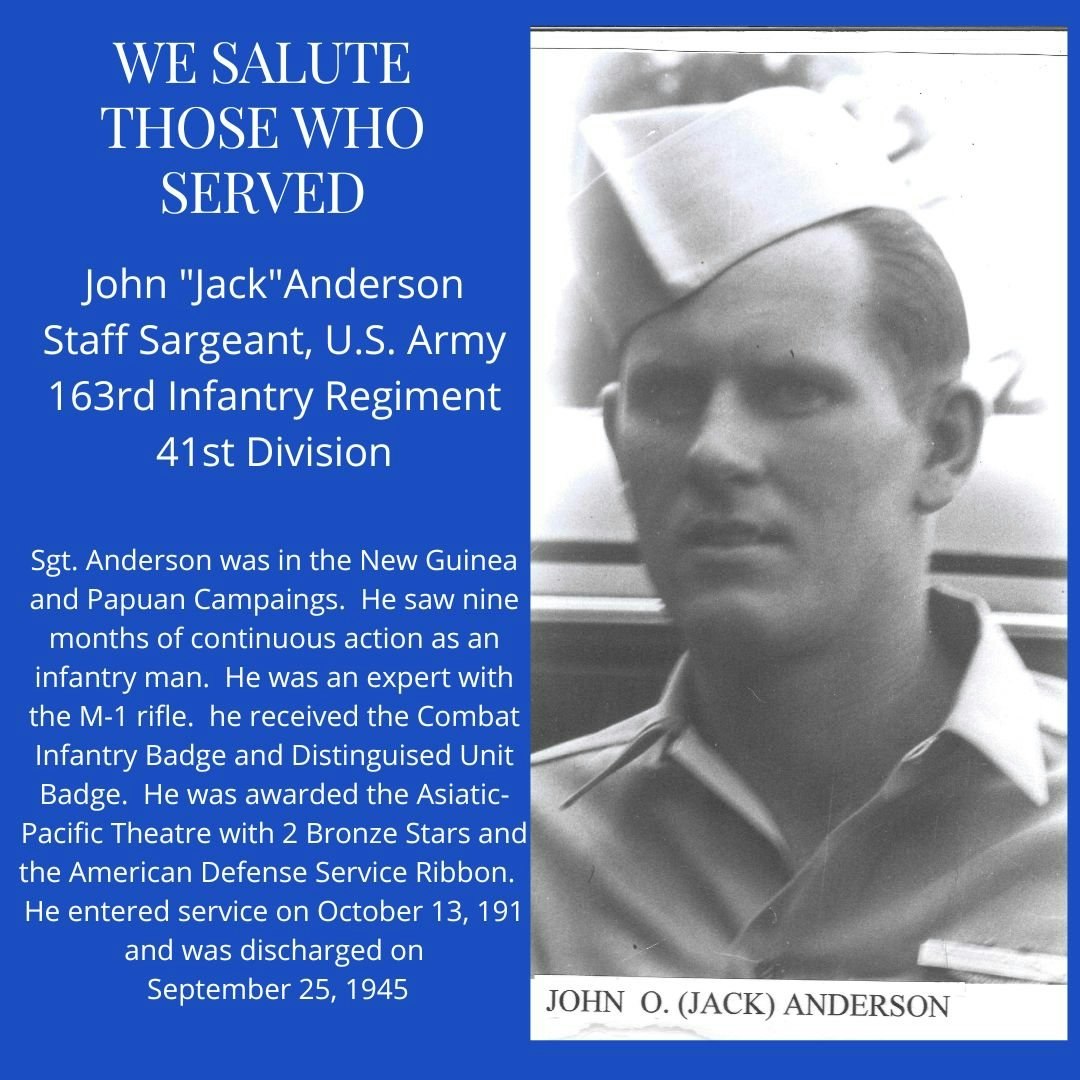 Tribute to a WWII soldier, Staff Sergeant John "Jack" Anderson: service details, photo, medals mentioned, combat experience recounted.