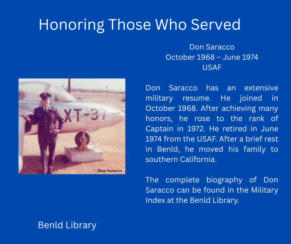 Honoring those who served: Don Saracco, USAF Captain, 1968-1974. His biography is in the Military Index at Benld Library.