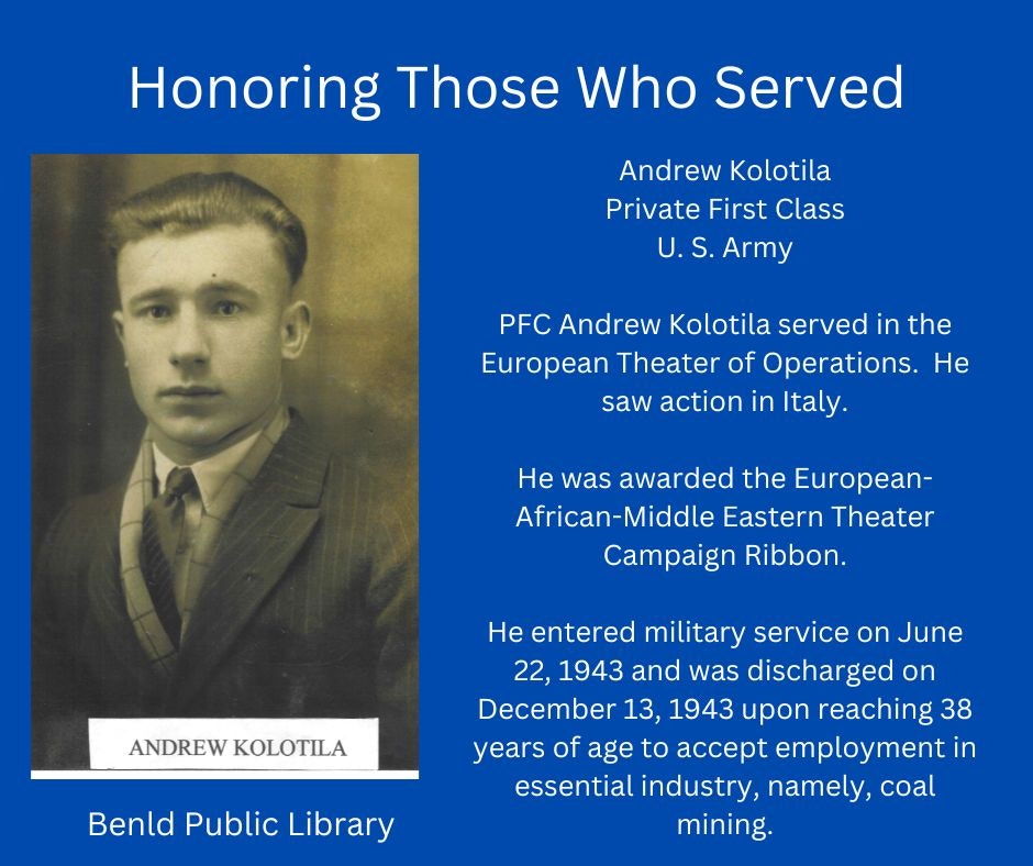 Tribute to PFC Andrew Kolotila, a WWII veteran, with his photo and military service details.