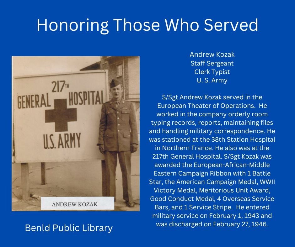 Tribute to Andrew Kozak, a U.S. Army Staff Sergeant, for his military service during World War II, with his photo and honors listed.