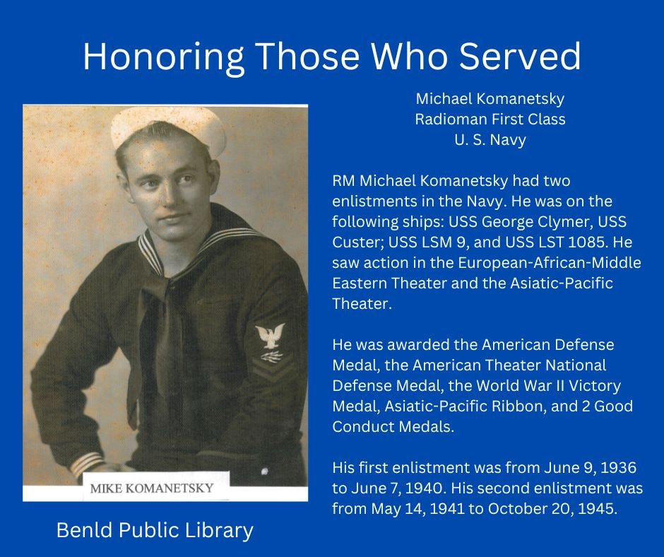 Tribute to a U.S. Navy Radioman, detailing his service, ships served on, theaters of action, medals awarded, and enlistment dates.