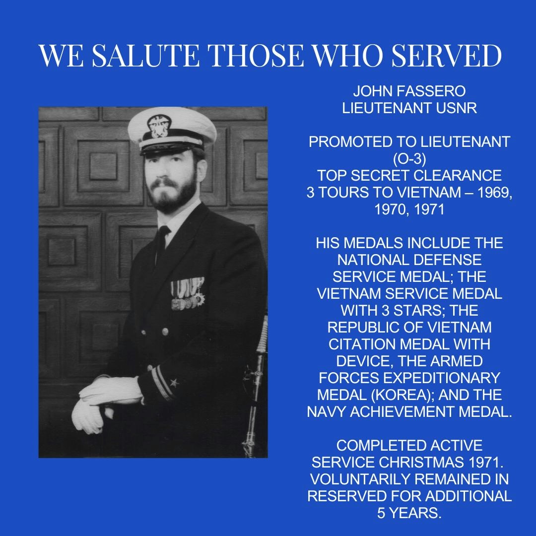 A tribute poster honoring a US Navy Lieutenant with a list of his service details and medals.