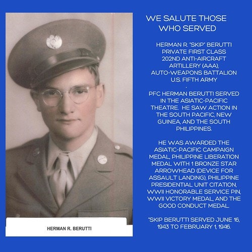 A WWII soldier's portrait with a tribute detailing his service, awards, and tenure in the military.