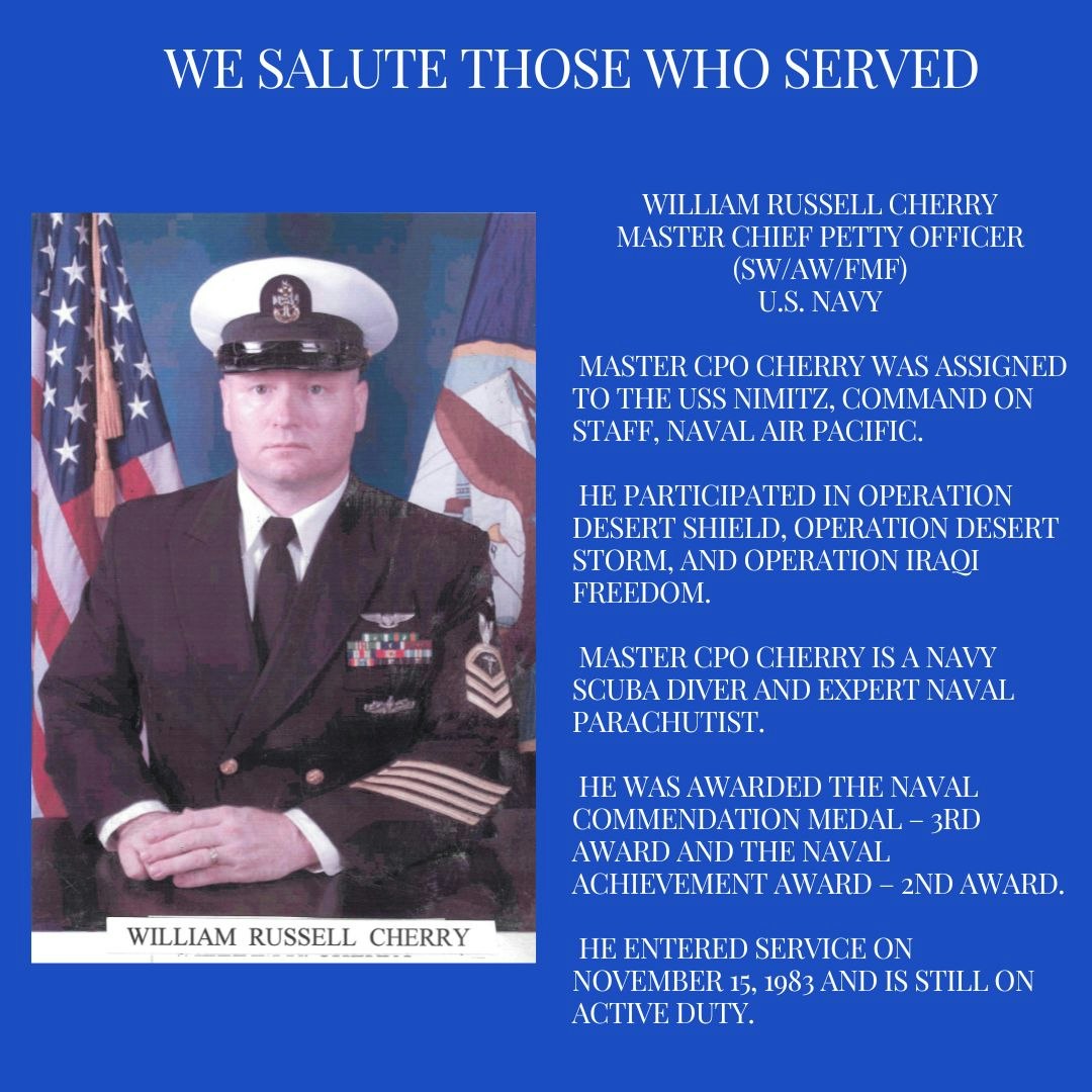 Tribute to a U.S. Navy Master Chief Petty Officer with details on military service and accolades, featuring a uniformed portrait and flags.