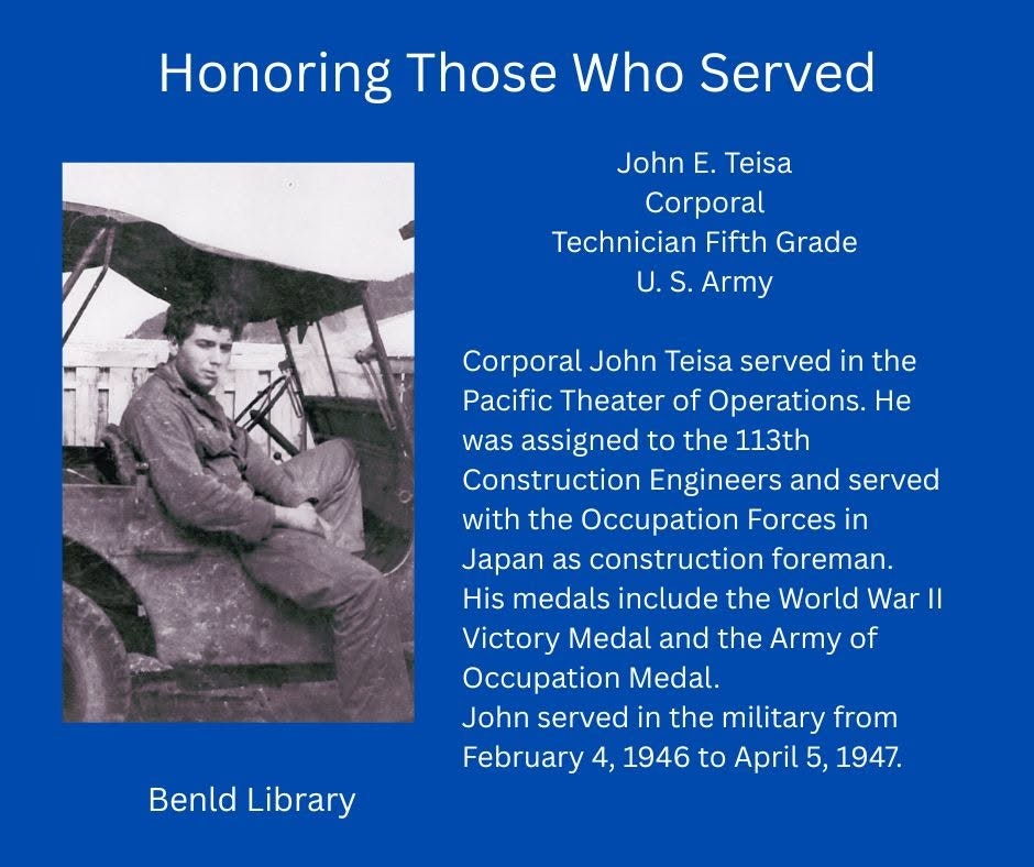 The image honors Corporal John E. Teisa, a WWII veteran in the U.S. Army, who served in Japan and received several medals.