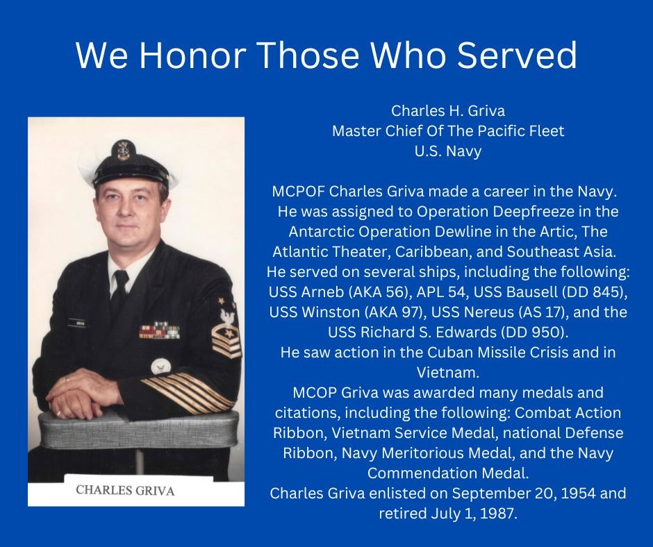 Tribute to Charles H. Griva, Master Chief of the Pacific Fleet, detailing his naval service and honors.