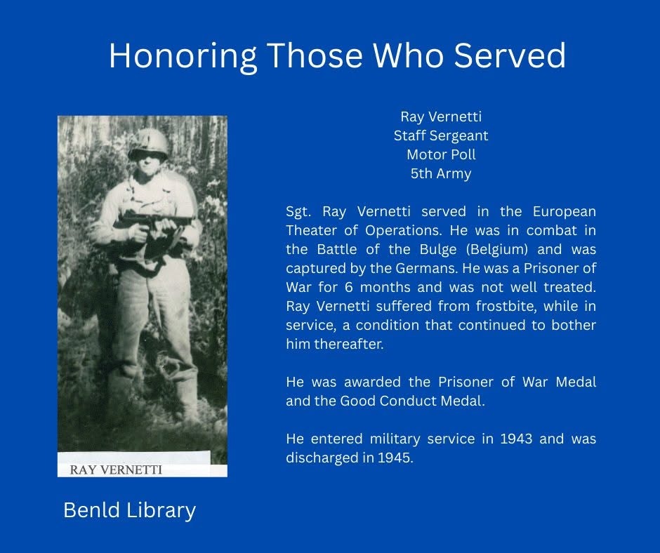 The image honors Sgt. Ray Vernetti, a WWII POW, highlighting his service, capture, and medals awarded.