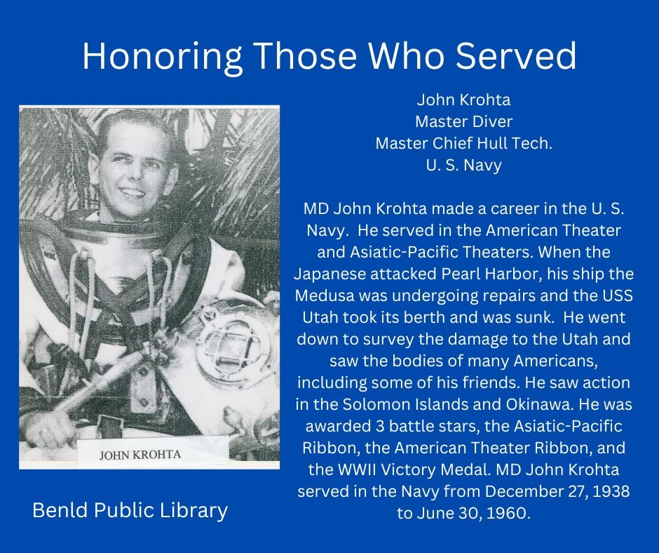 Tribute poster for a U.S. Navy veteran, John Krohta, highlighting his military service and achievements.