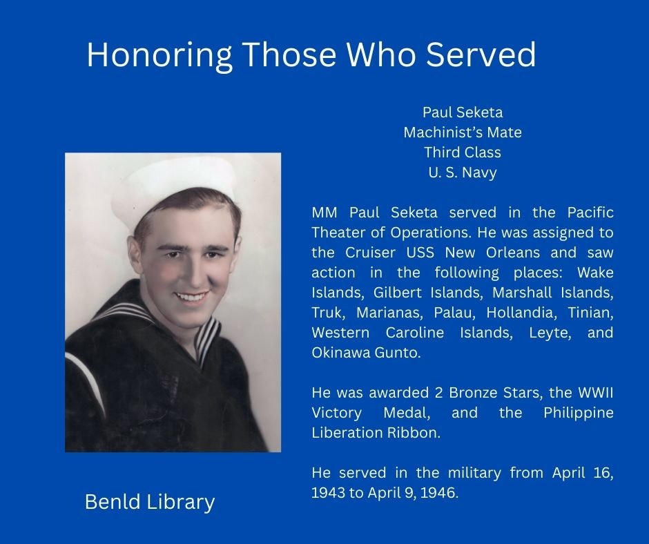 Honoring Paul Seketa, U.S. Navy veteran. Served in WWII Pacific operations, awarded 2 Bronze Stars. Benld Library tribute.