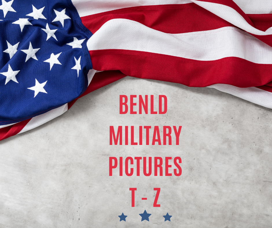 American flag draped over a surface with text "BENLD MILITARY PICTURES T-Z".