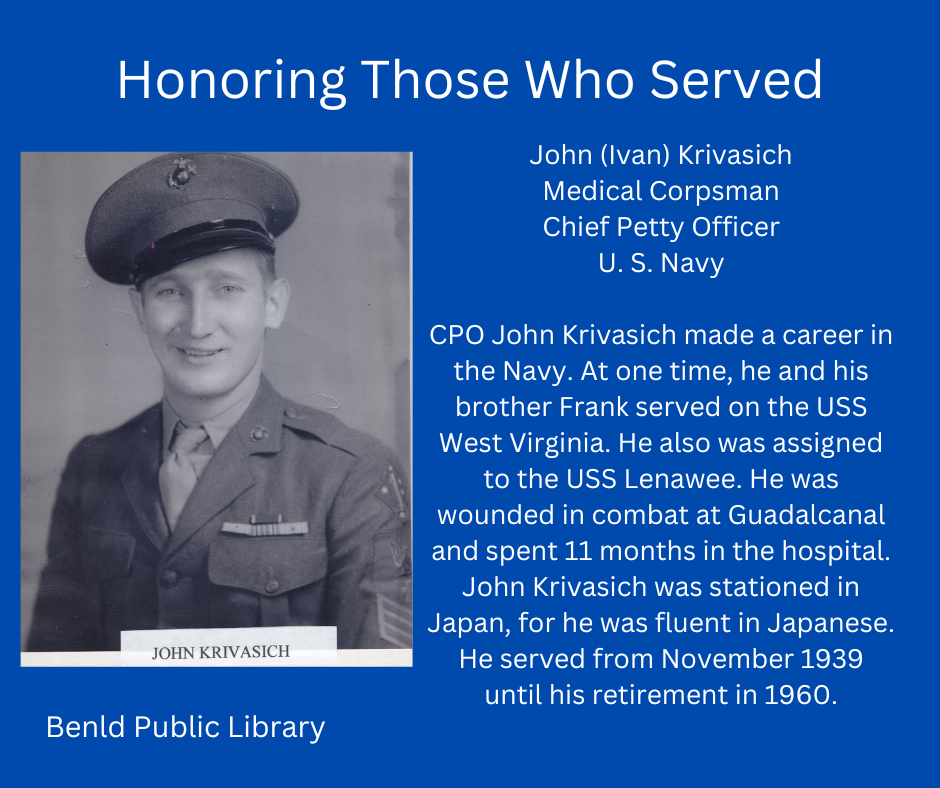 Tribute poster honoring John Krivaisch, a U.S. Navy veteran who served from 1939-1960 and was fluent in Japanese.