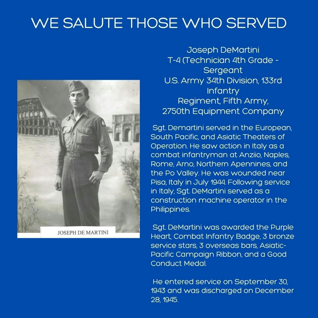 Tribute to Joseph DeMartini, a WWII Sergeant in the US Army, detailing his service, honors, and a portrait photograph.