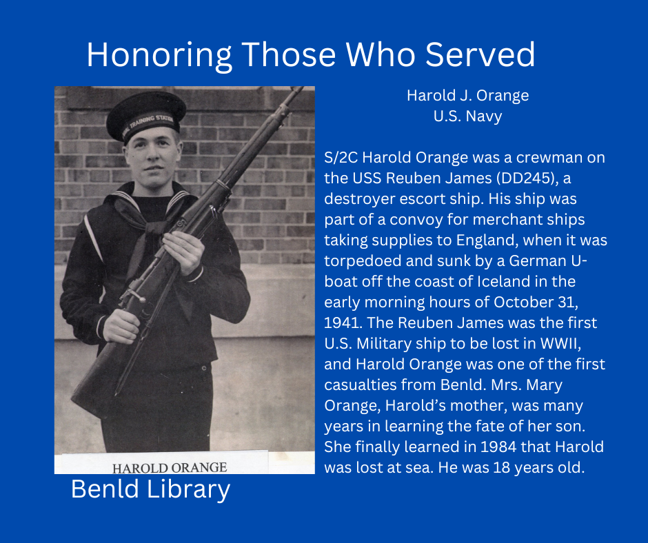Young Navy crewman Harold Orange, a casualty from USS Reuben James in WWII, honored at Benld Library.