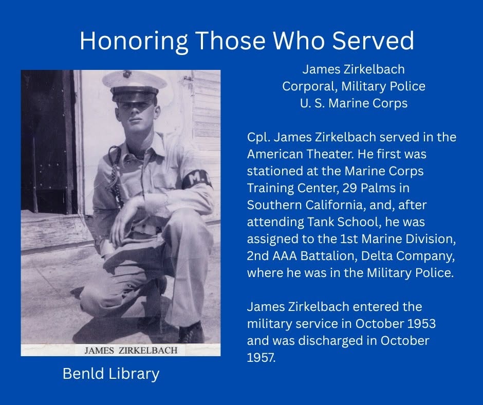 The image honors Cpl. James Zirkelbach, a U.S. Marine Corps Military Police who served from 1953 to 1957.
