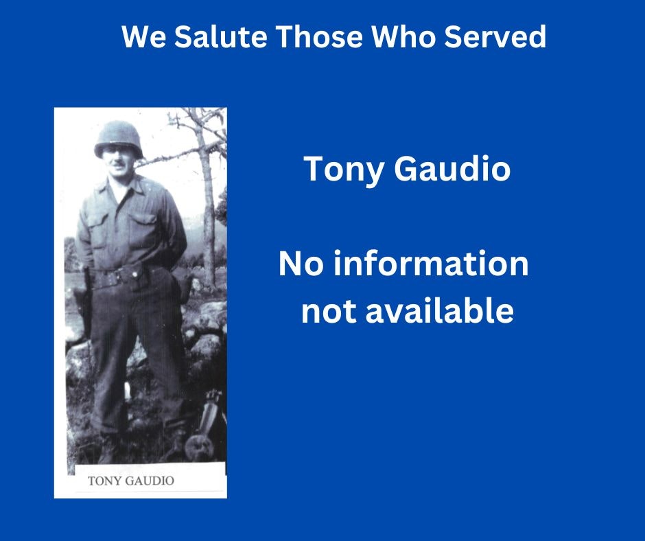 Tribute to a soldier named Tony with text "We Salute Those Who Served" and "No information available."