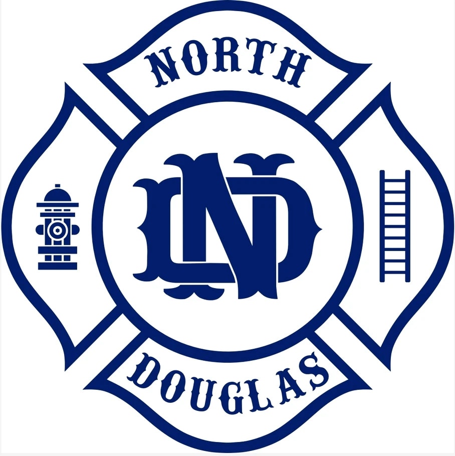 A blue and white emblem with "NORTH DOUGLAS," a hydrant, "ND" initials, and a ladder.