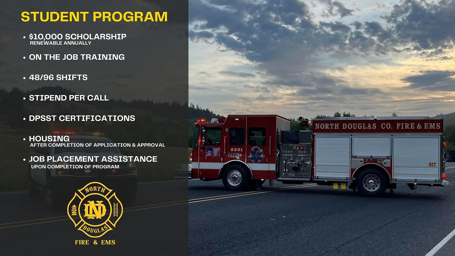 A fire truck at dusk and details of a student program offering a scholarship, training, and job assistance.