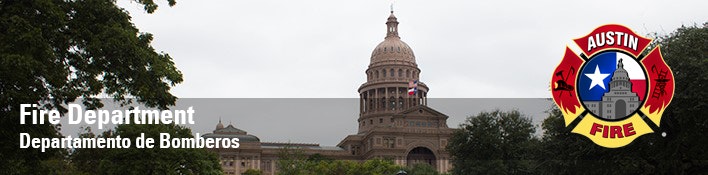 Fire Department banner in English and Spanish with the Austin Fire logo and a capitol building in the background.