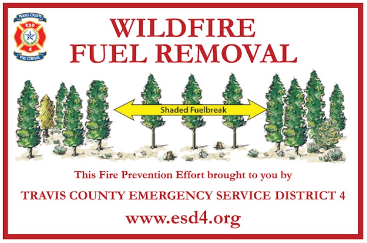 Wildfire Fuel Removal by Travis County ESD 4, featuring a shaded fuel break to prevent fires.