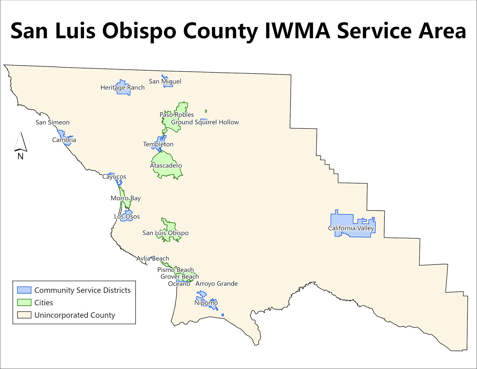 A map showing San Luis Obispo County IWMA Service Area with cities, community service districts, and unincorporated areas.