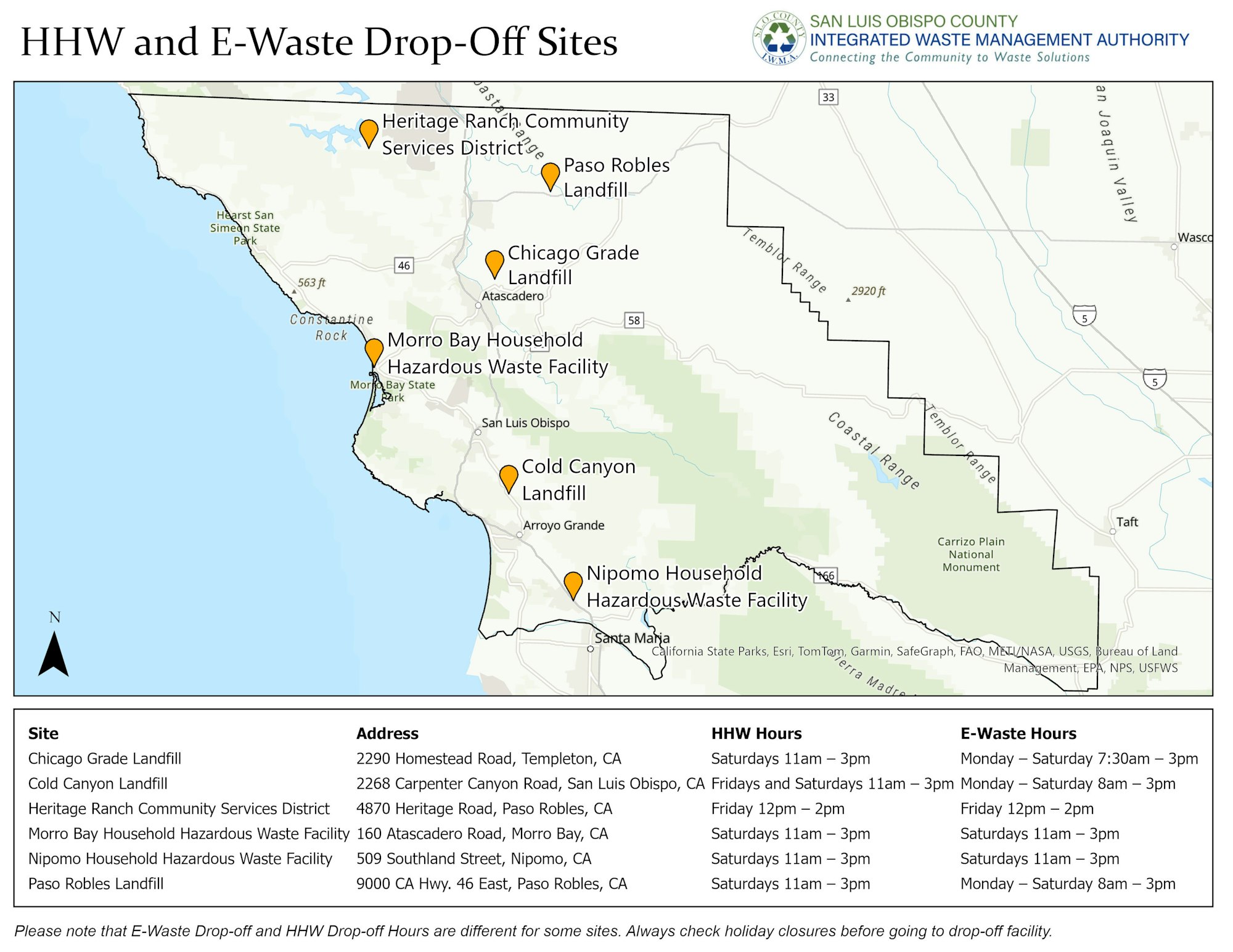 Map showing household hazardous waste and e-waste drop-off sites in San Luis Obispo County, California, with addresses and operating hours.