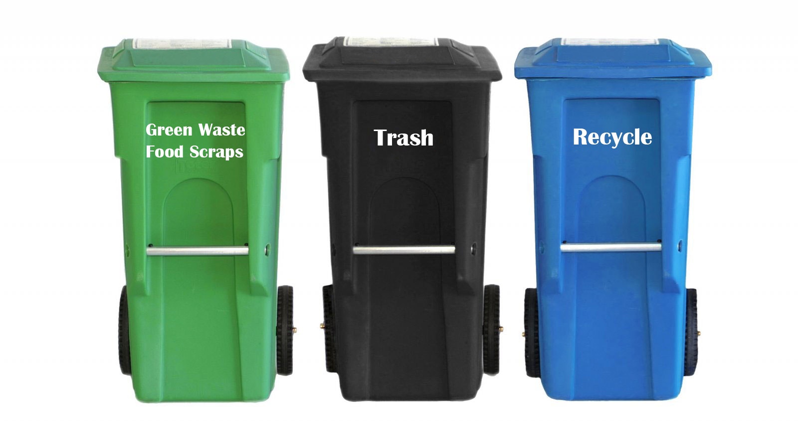 Image of three curbside garbage bins: a green one labeled green waste, a grey one labeled trash, and a blue one labeled recycle