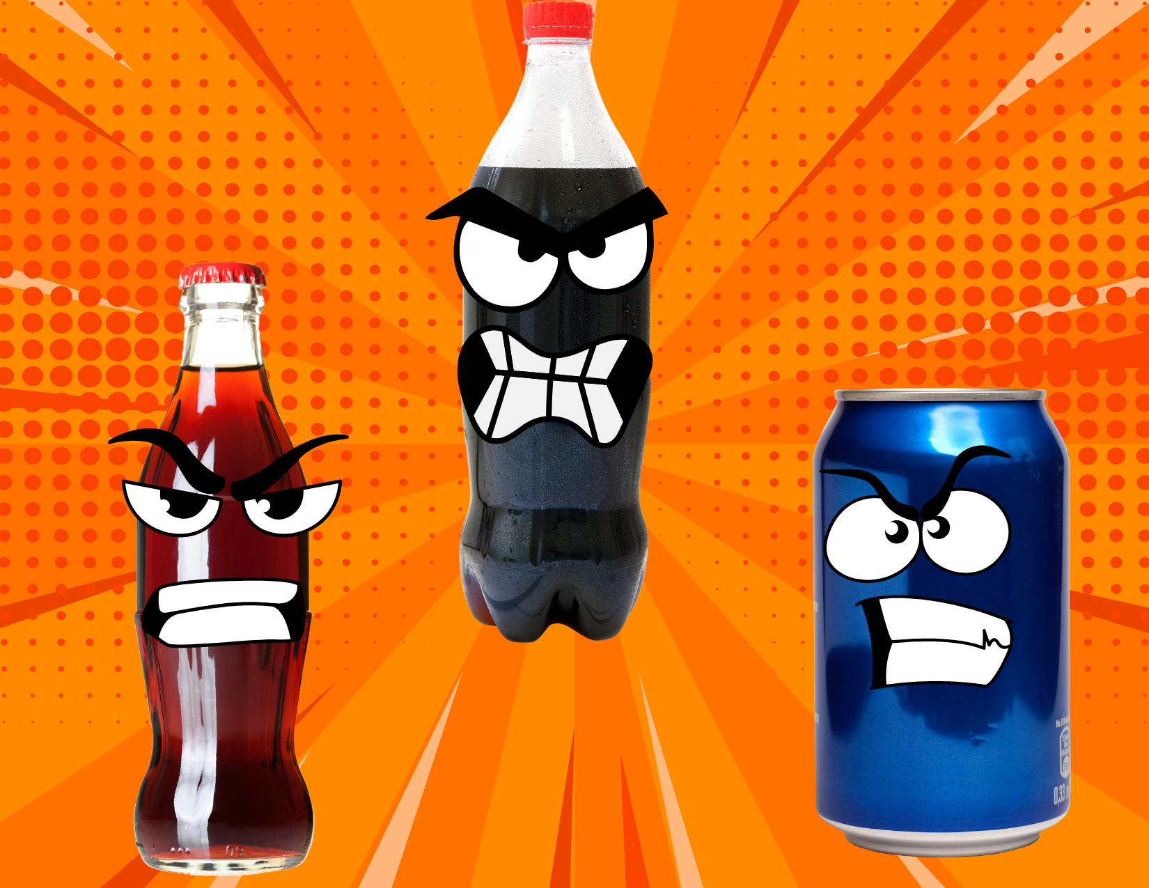 Three angry-faced soda containers: a glass bottle, a plastic bottle, and a can on an orange background with rays.