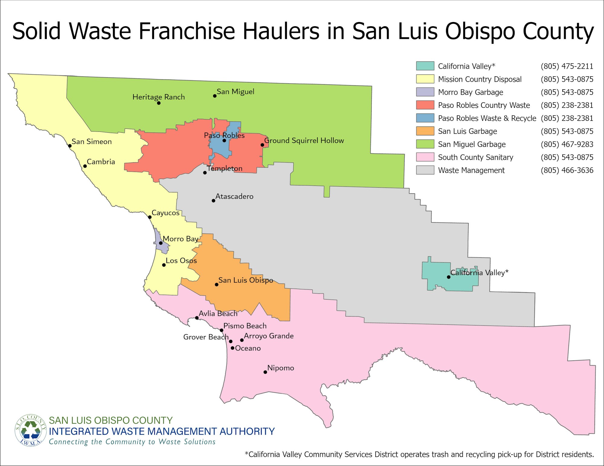 A map showing solid waste franchise haulers in San Luis Obispo County with colored areas for each service and contact numbers.