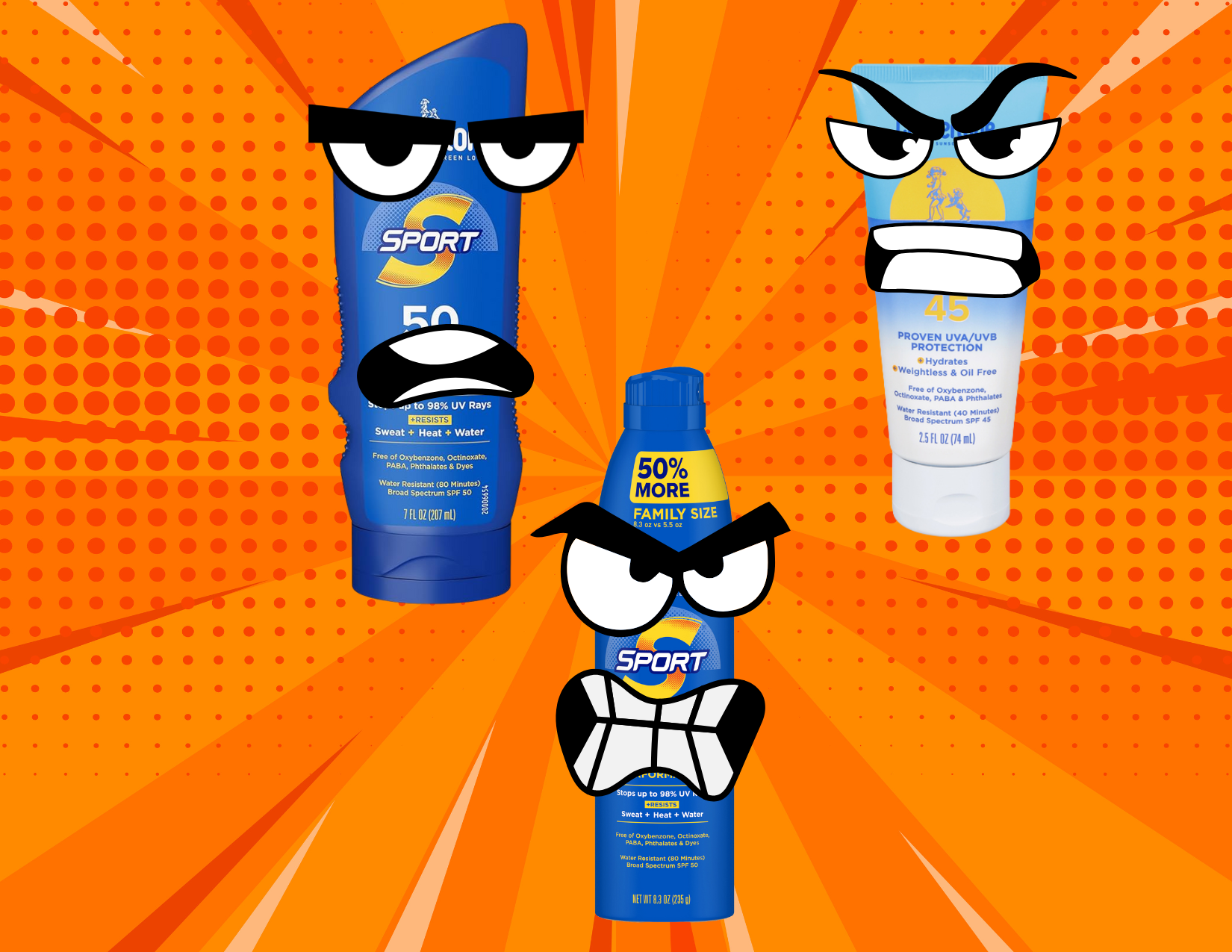 Sunscreen bottles with angry cartoon faces on an orange comic-style background.